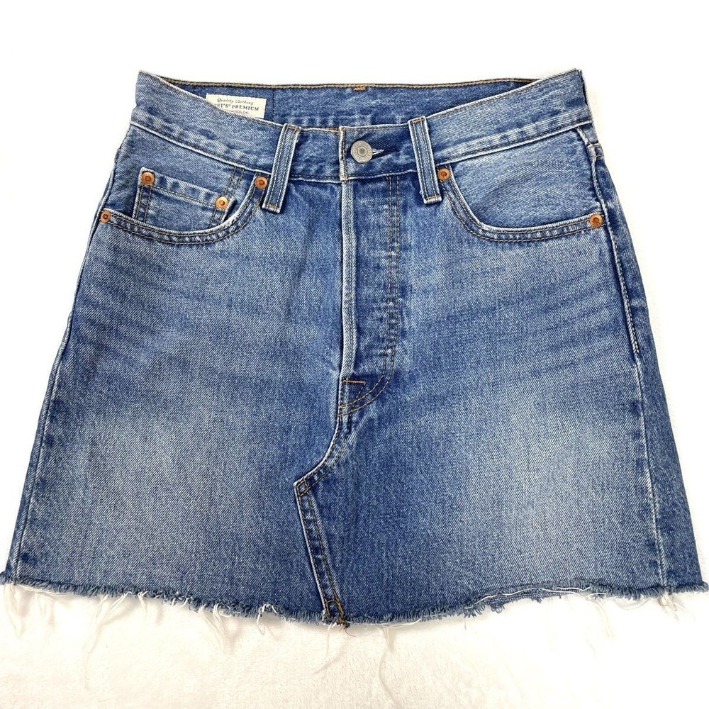 Levi's Premium Women's Denim Mini Skirt 25 Blue Raw Hem High Rise Jean Skirt